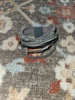 Gray Multi-Row Crystal Wrap Bracelet with Cross Accent